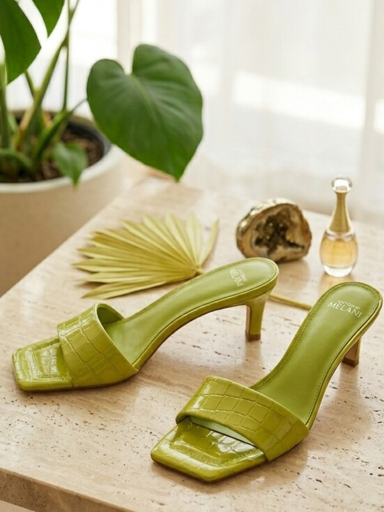 ANTONIO MELANI Shoes - Antonio Melani Women's Green Patent Leather Croc-Embossed Mid-Heel Slides Size 8